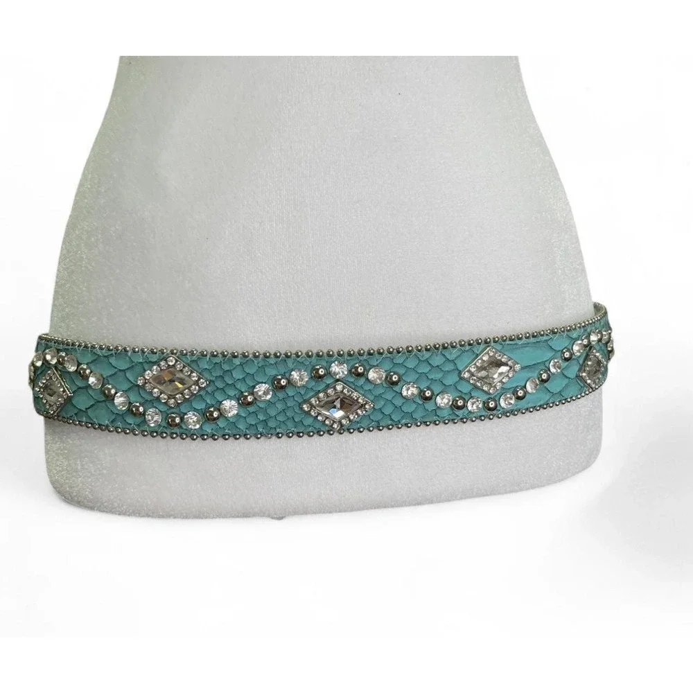 Western Teal Alligator Leather Belt Silver Stud Crystal Rhinestone Conchos Small - Picture 7 of 8